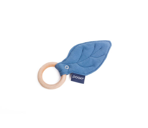 POOFI - Beißring aus Ahornholz, BioBaumwolle, Knister an der Spitze, blue denim