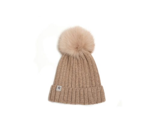 Huttelihut -  Mütze mit PomPom "WARMY", Lammwolle, camel
