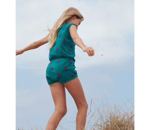 BONMOT ORGANIC - Terry Playsuit "ALLOVER BOATS", Verdigris, Biobaumwolle