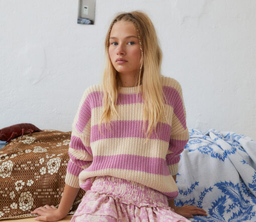 The New Society - Pullover "MYRA", Natural/Iris Lilac Stripes, Biobaumwolle