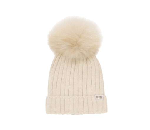 Huttelihut -  Mütze mit Alpaca PomPom, Merinowolle, sand melange