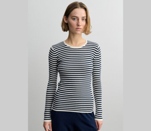 FUB - LongsleeveWomen, gerippt, ecru/dark navy gestreift, Bio-Baumwolle