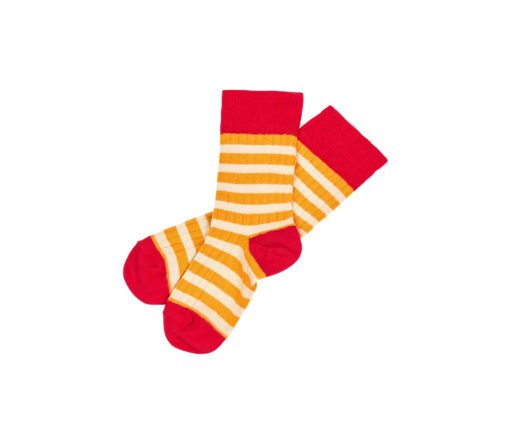 FUB - Socken gerippt, ruby red/sunflower, extra feine Bio Wolle