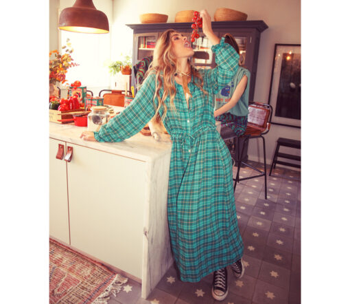 Sisters Department - Kleid lang mit Kragen, grün kariert, Baumwolle/Viskose – Bild 2