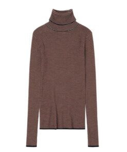 FUB - Pullover Women Rollkragen, gestreift dark navy/ecru/cranberry, Merinowolle