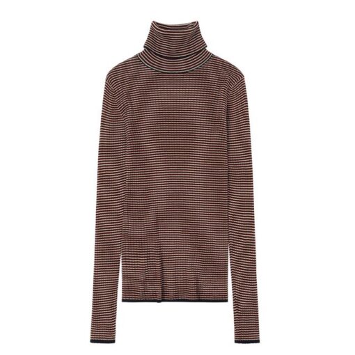 FUB - Pullover Women Rollkragen, gestreift dark navy/ecru/cranberry, Merinowolle