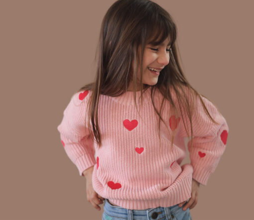 VacVac - Strickpullover "Belle", rose w/ hearts, Biobaumwolle