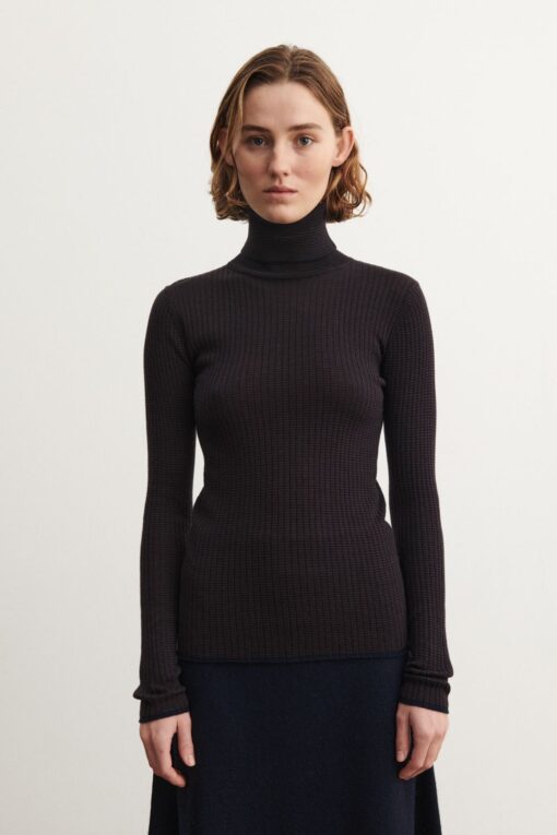 FUB - Pullover Women Rollkragen, dark navy/mocca gestreift, Merinowolle – Bild 2