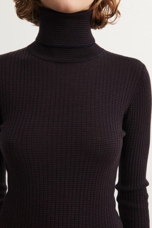 FUB - Pullover Women Rollkragen, dark navy/mocca gestreift, Merinowolle – Bild 4