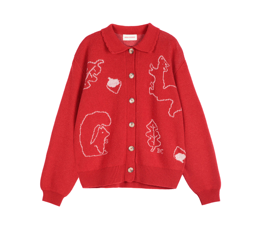 BOBO CHOSES - Strickjacke mit Polokragen "Forest Scene", red, Wollmix